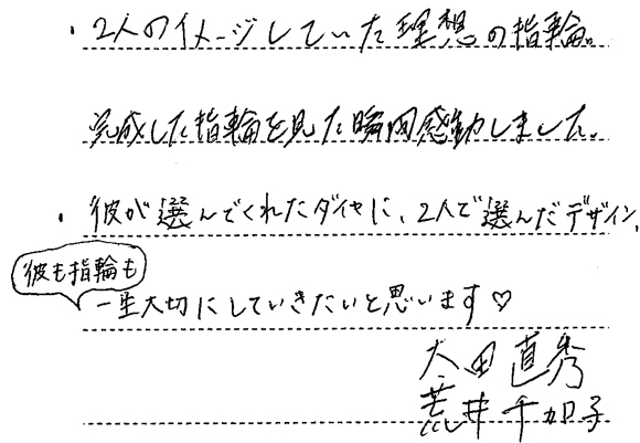 太田直秀様・荒井千加子様 (Pt 繊細にダイヤを包んだ婚約指輪)