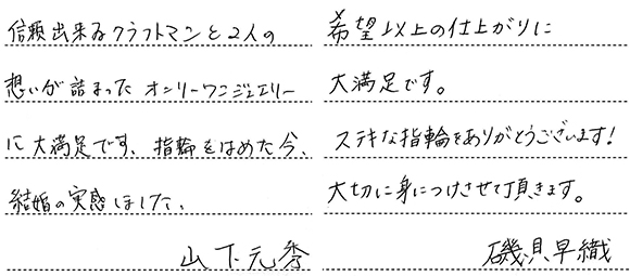 山下元秀・早織様 (Pt ハンマー&ダイアモンドの結婚指輪)