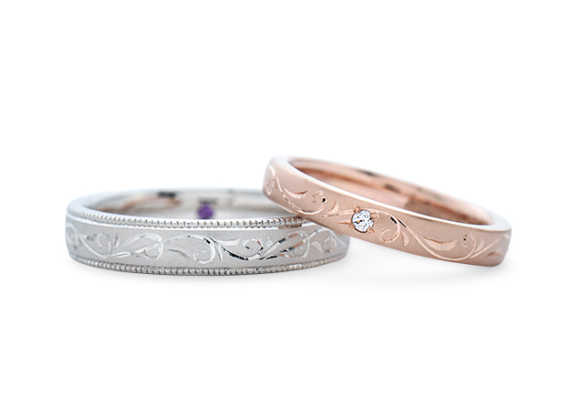 I様 (プラチナ/桜ゴールド ダイヤとミル打ちと彫刻の結婚指輪)