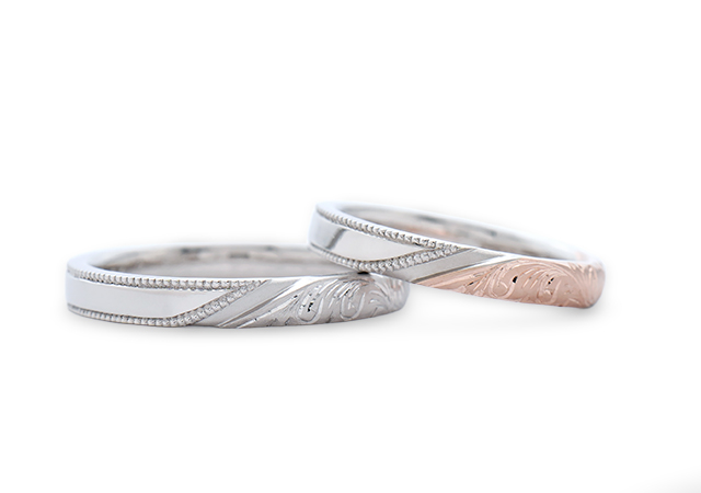 遠藤様 (プラチナ/桜ゴールド ミル打ちと和唐草コンビのリメイク結婚指輪)